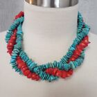 Vintage 3 Strand Genuine Red Coral & Turquoise 925 Necklace 18