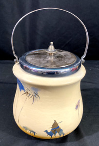 Vintage English Biscuit Jar  barrel hand painted antique earthenware Egyptian