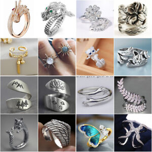 Cute 925 Silver Cat Adjustable Ring Wedding Women Party Band Rings Jewelry Gifts