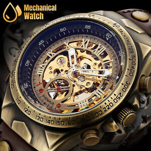 Luxury Men's Automatic Mechanical Wrist Watch Leather Strap Retro Skeleton Dial