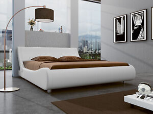 King Size Leather Low Profile Sleigh Platform Bed Frame with Headboard,White