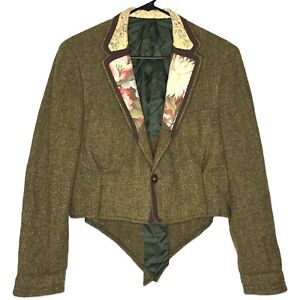 Vintage Roos Atkins Womens Jacket 39 Green Tweed Floral Long Sleeve Crop Blazer