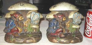 ANTIQUE ARMOR BRONZE GNOME FAIRY TALE MUSHROOM BUTTERFLY ART STATUE BOOKENDS TOY