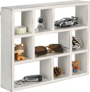 MyGift Vintage White Wood Wall Mounted 9 Compartment Shadow Box Display Shelf