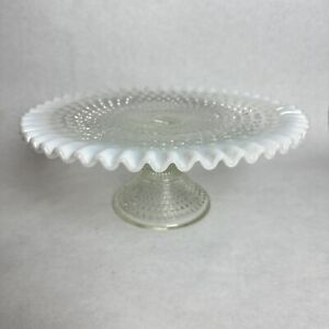 Vtg Fenton White Clear Opalescent Hobnail Ruffled Glass Pedestal Cake Stand 12”