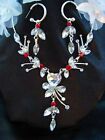 Rhinestone Necklace, Earrings ~ Clear w/Orange Red Costume, Bridal, Prom Jewelry