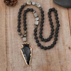 Lava Obsidian Beads Healing Strength Protection Arrowhead Men Necklace Talisman