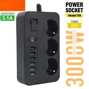 EU Plug AC Outlet Power Strip Multiprise Cord Electrical Socket 6 USB Port 3.1A