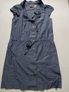 Tory Burch Shirt Dress Womens 10 Blue Chambray Drawstring Anorak Snap Pockets
