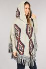 Taupe Boho Aztec Tribal Western Fringe Hooded Knit Cardigan Sweater Cape Top L