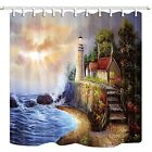 Lighthouse Shower Curtain Vintage Scenic Oil Painting by Sunset Coastal Reef ...