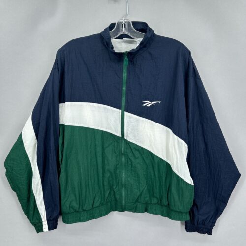 VTG Reebok Jacket Mens Medium Windbreaker Nylon Colorblock Blue Green Big Logo