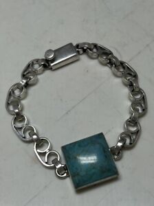 Old Pawn 925 Silver Turquoise Square Handmade Navajo Bracelet 28.2G 7.5” Rare