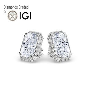 Radiant 6ct Solitaire Halo 18K White Gold Studs Earrings, Lab-grown IGI
